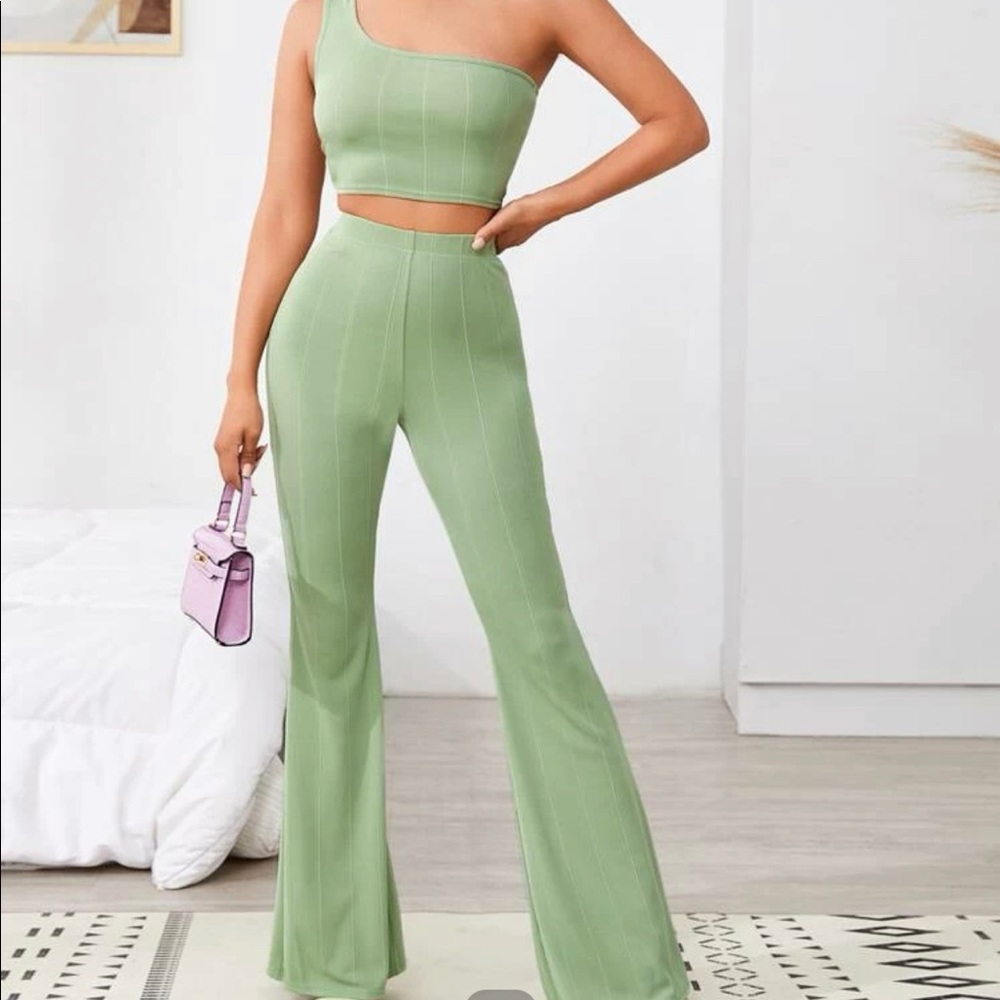 One shoulder crop top and high waisted flare buttoms